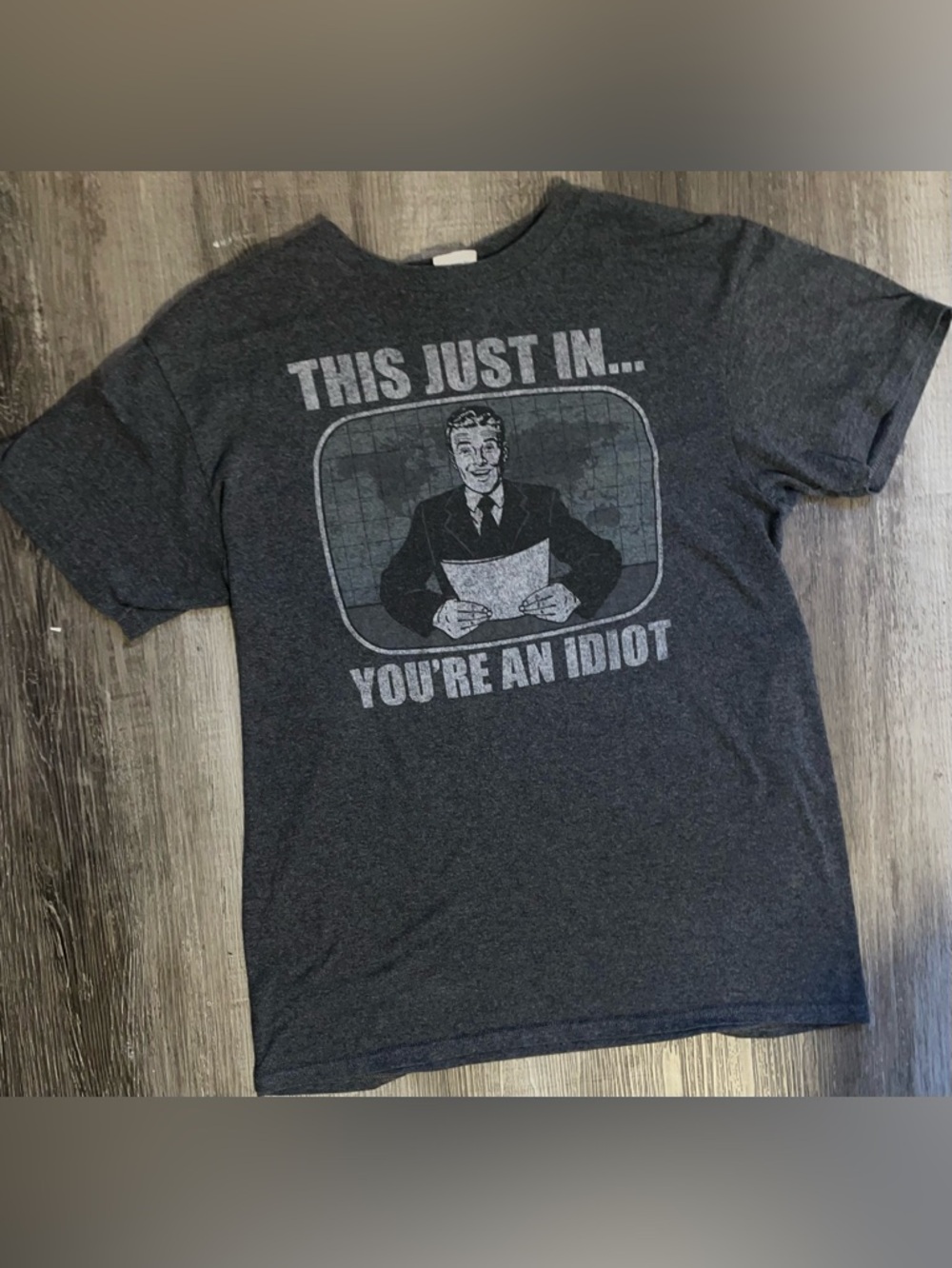 Delta Dark Heather Gray Graphic Crew Neck Tee - Retro Newsprint Slogan